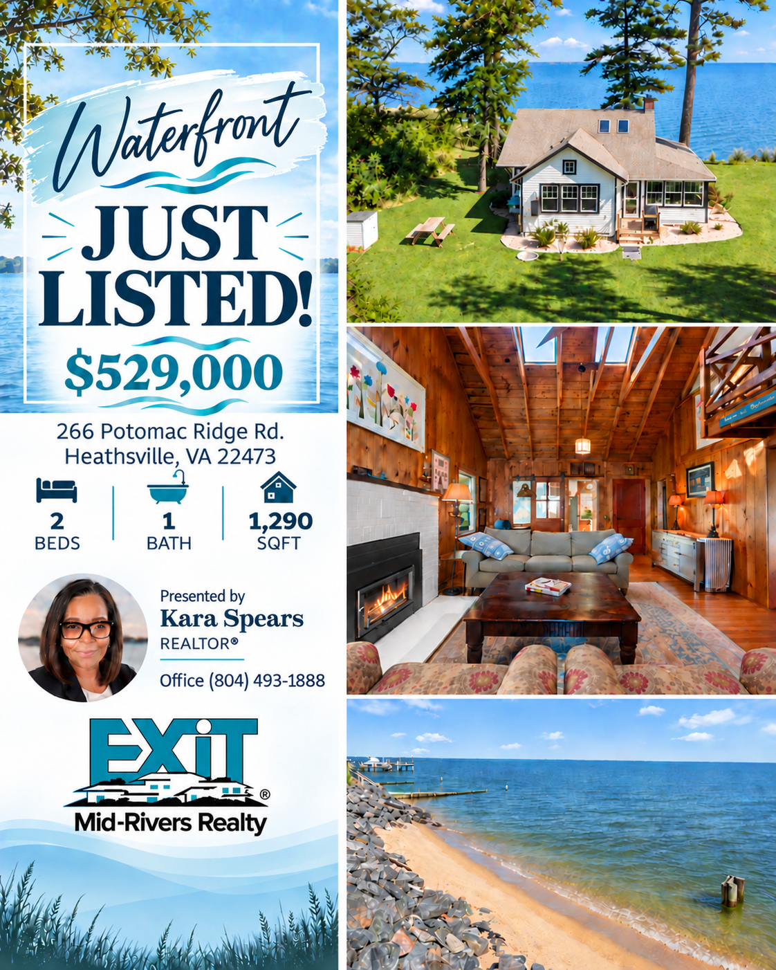 Just Listed flyer for the waterfront cottage at 266 Potomac Ridge Road in Heathsville, Virginia